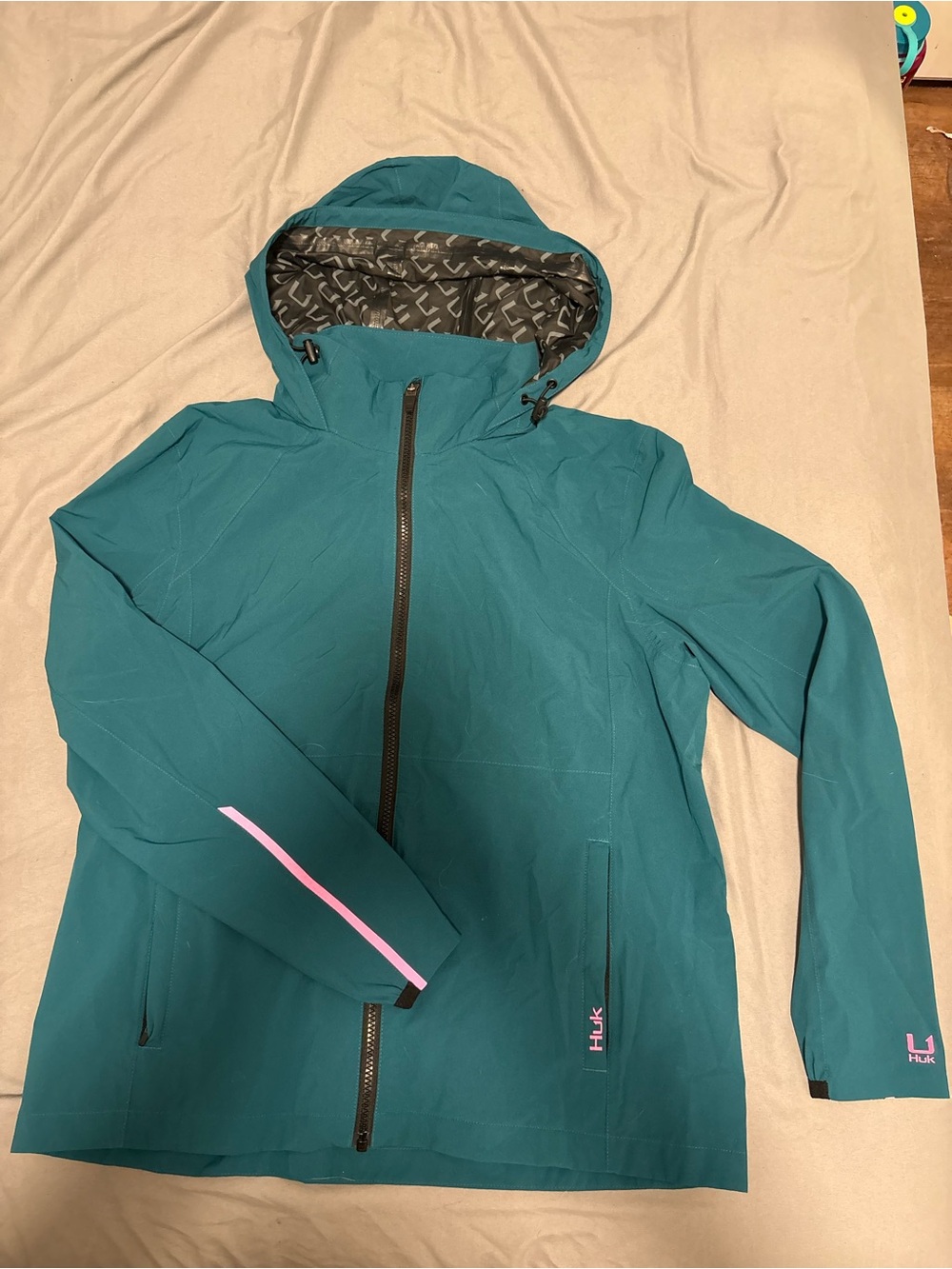 Huk Teal Hooded Jacket with Pink Trim